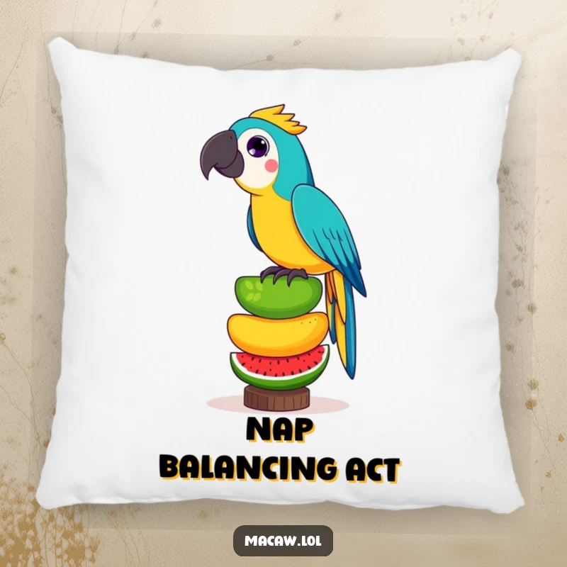 Funny pillow featuring a playful macaw bird in a balancing act with a stack of exotic fruits, perfect for a cozy laugh.