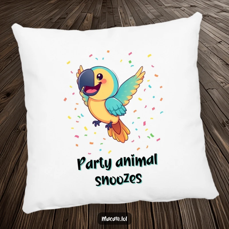 Funny Macaw Pillow: A joyful macaw bird with a comically large smile flies through colorful confetti, providing cozy and festive comfort.