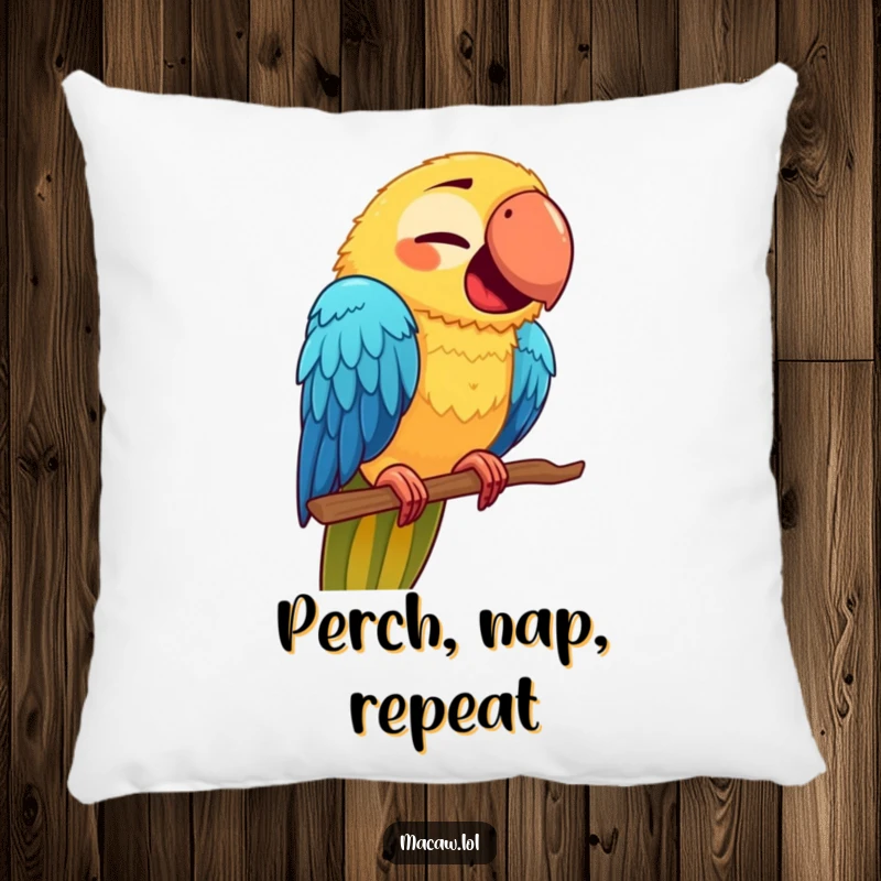 Funny Macaw Face Pillow: A cute macaw with a funny expression, balancing on a new perch, offering humorous comfort.