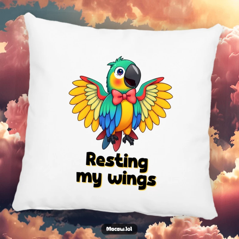 Funny Macaw Pillow featuring a charming bird in a flamboyant bow pose, adding comfort and humor to any sofa or bed.