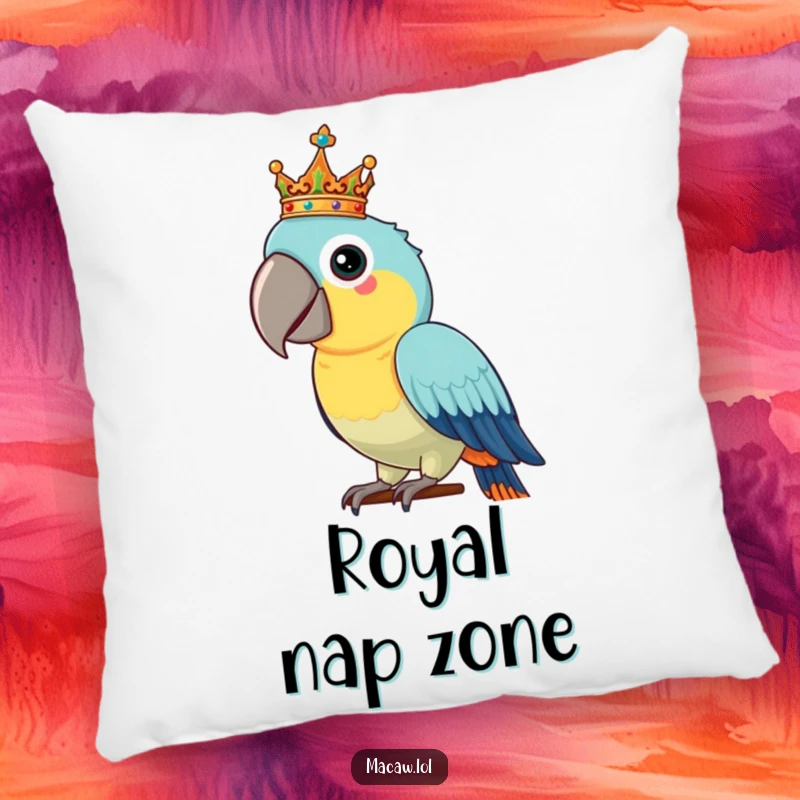 Funny Macaw Pillow: A proud macaw bird balances a tiny, ornate crown on its head, providing comfortable and regal decor.