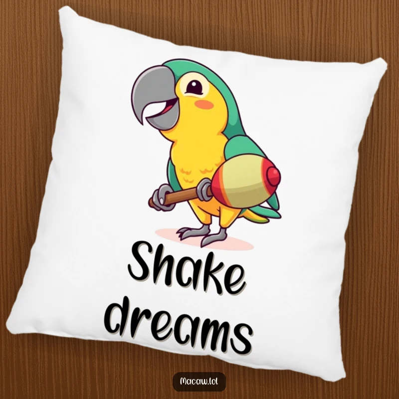 Funny Macaw Pillow: A jubilant bird shaking a maraca with a wide grin, adding comfort and hilarious tropical vibes to any room.