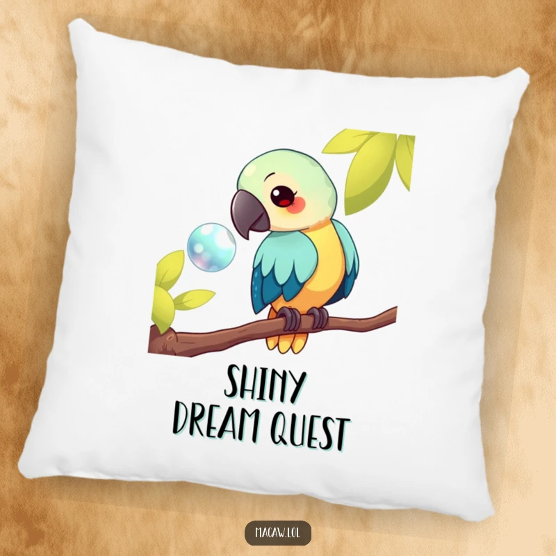 Funny kawaii macaw pillow, a plush bird on a branch fixated on a shiny object, offering soft comfort and curious humor, a delightful funny gift.