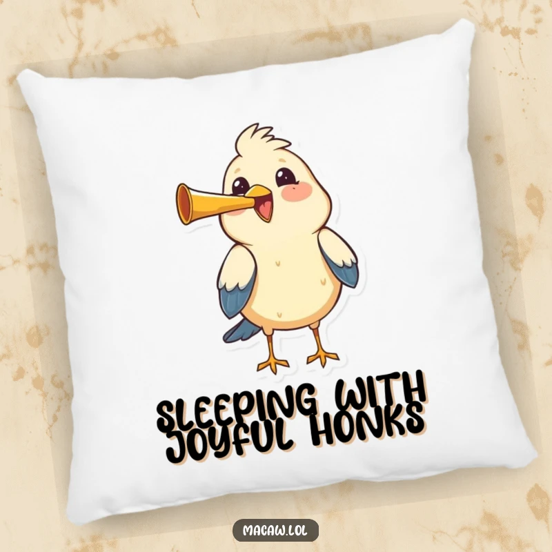 Funny bird honking a tiny horn with great joy and gusto, a soft and humorous decorative pillow.