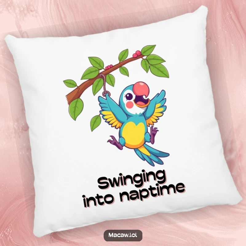 Funny macaw playfully swinging from a vine with excitement, on a decorative pillow, adding playful humor.