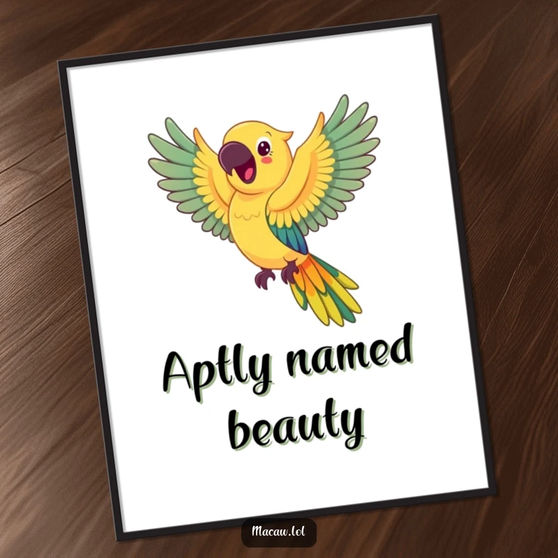 Funny happy macaw digital art print, a vibrant macaw in mid-flap, its wings shedding a dazzling rainbow.