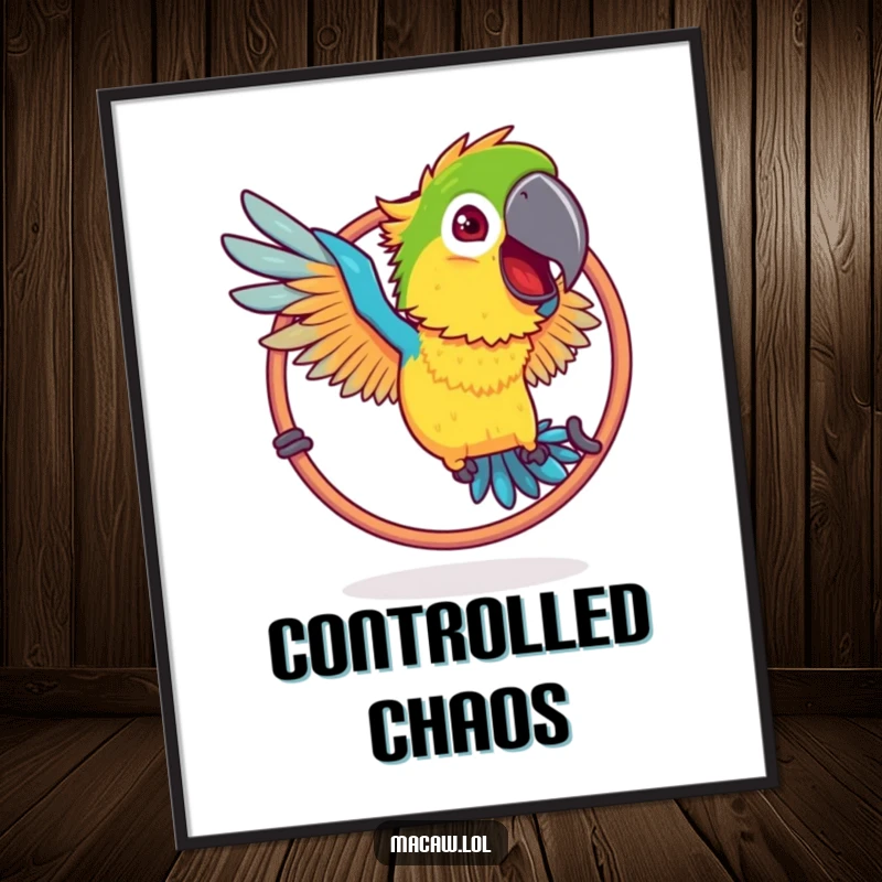 Funny Ruffled Macaw Hoop Digital Art Print: A bird with ruffled feathers humorously attempting to fly through a hoop.