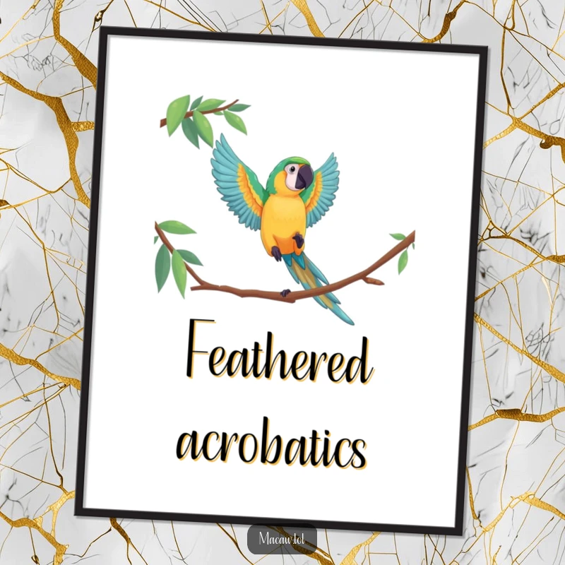 Funny macaw digital art print showing a bird executing a dramatic leap, perfect for vibrant, downloadable home decor.