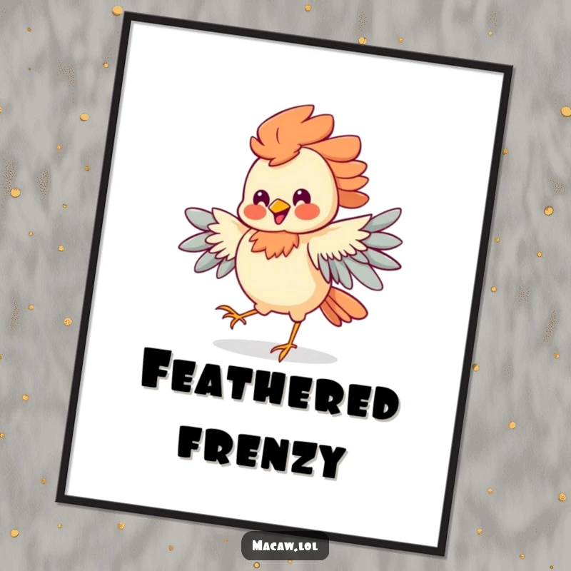 Funny Jigging Bird Digital Art Print of a bird in elaborate plumage dancing joyfully with a pronounced, silly grin.