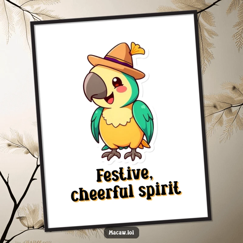Funny Digital Art Print of a cheerful macaw tipping a tiny sombrero with a grand flourish, embodying festive spirit.