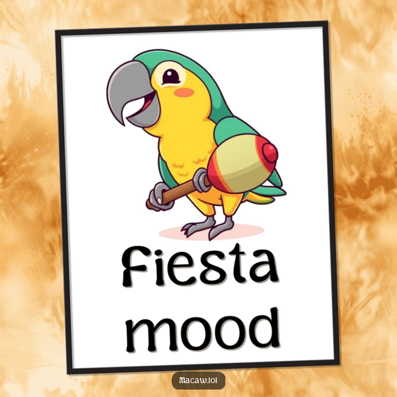 Funny Macaw Digital Art Print: A celebratory macaw shaking a maraca with a broad smile, offering vibrant, humorous wall decor instantly.
