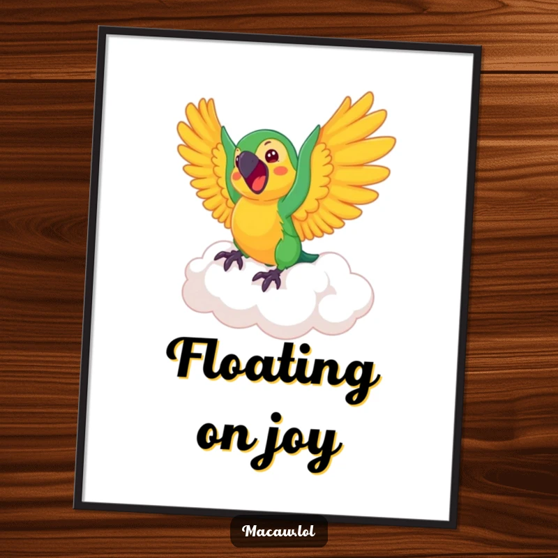 Funny Macaw Digital Art: High-resolution print of an excited macaw bird joyfully riding a bouncing cloud.