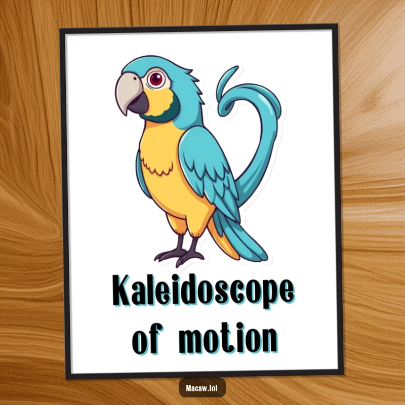 Funny Curly Tail Macaw Digital Art Print: A bird with a very long, curly tail playfully whipping it around.