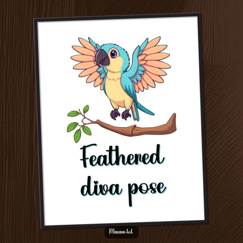 Funny digital art print of a macaw bird posing dramatically on a perch with its wings fully outstretched, ready for display.