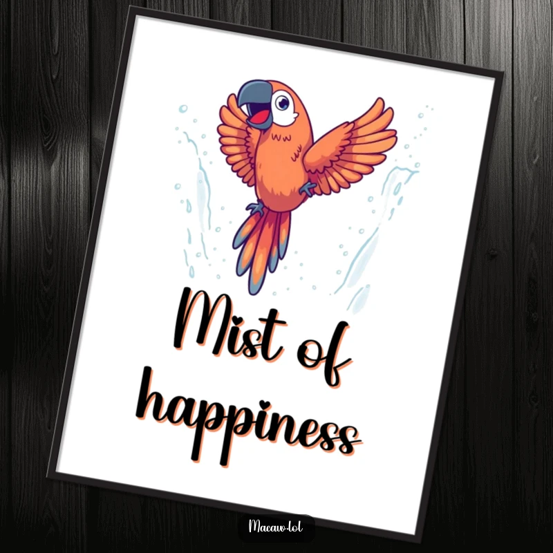 Funny digital art print of an energetic macaw diving through a misty waterfall with glee, ideal for instant wall art.