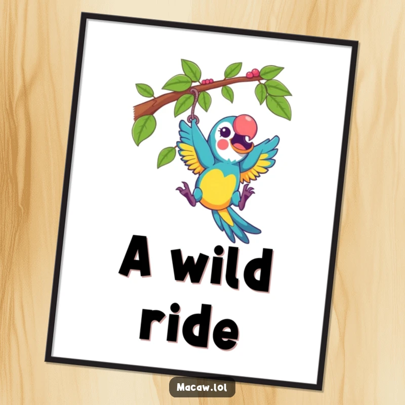 Funny macaw playfully swinging from a vine with excitement, digital art print for playful, humorous wall decor.