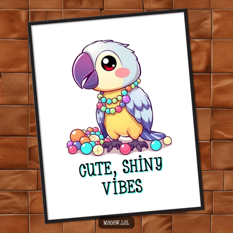 Funny Digital Art Print of a kawaii macaw proudly displaying its collection of shiny, mismatched beads, radiating quirky charm.