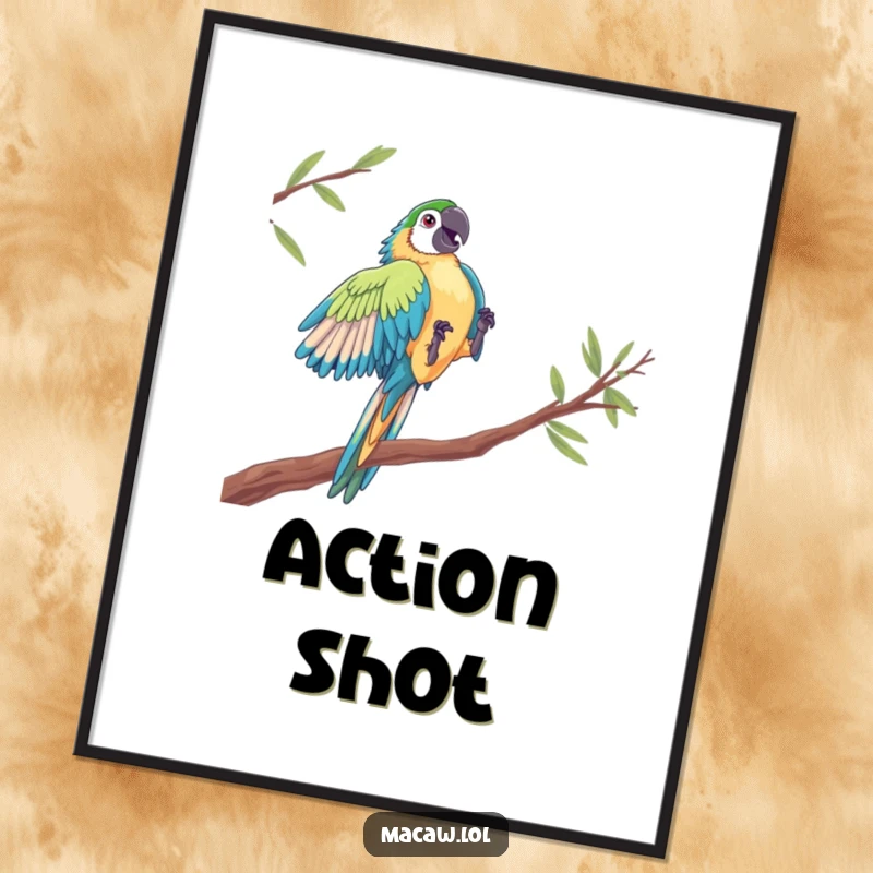 Funny Macaw Acrobat Digital Art Print: A macaw performs a dramatic leap between perches, bringing adventurous and humorous art to your walls.
