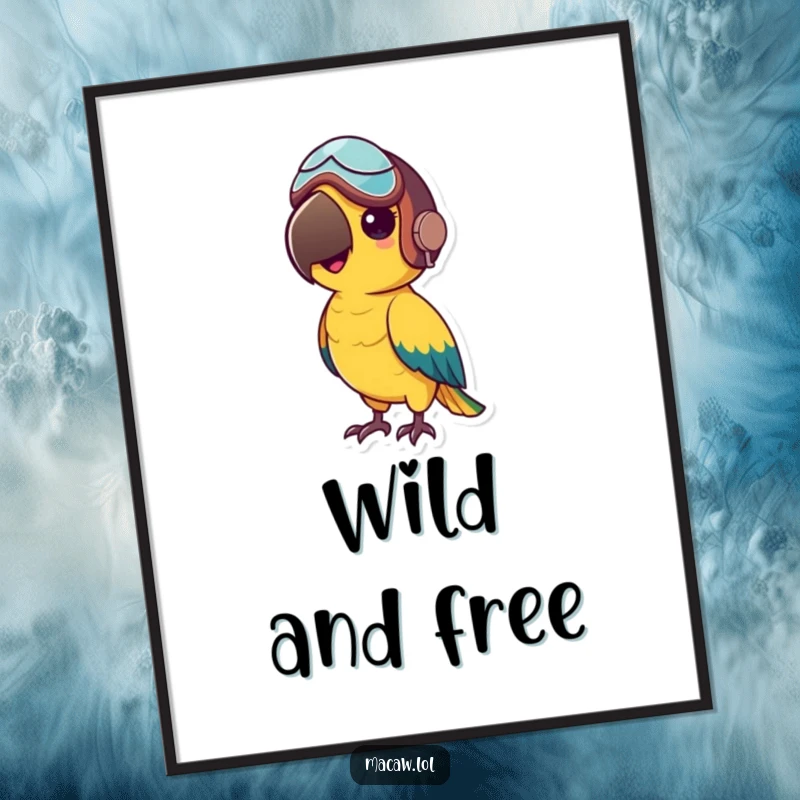 Funny digital art print of a small macaw bird wearing a tiny aviator helmet, looking adventurous, perfect for framing.