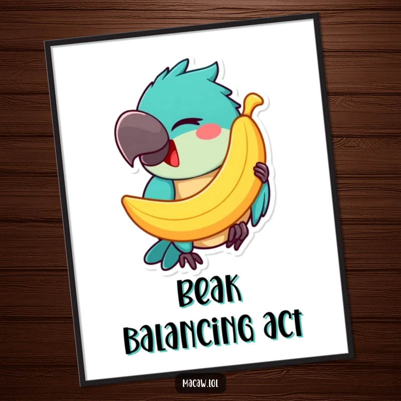 Funny Macaw Digital Art Print: A happy macaw winks mischievously, balancing a banana on its beak, a vibrant and humorous decorative piece.