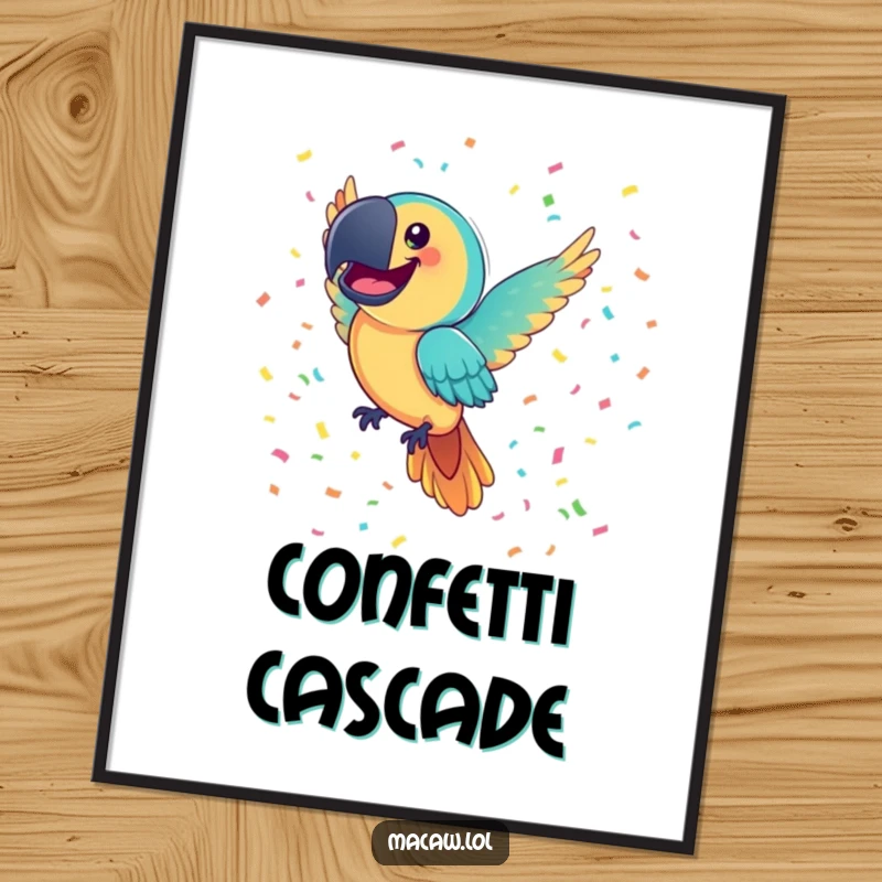 Funny Macaw Digital Art Print: A joyful macaw bird with a comically large smile flies through colorful confetti, embodying pure celebration and happiness.