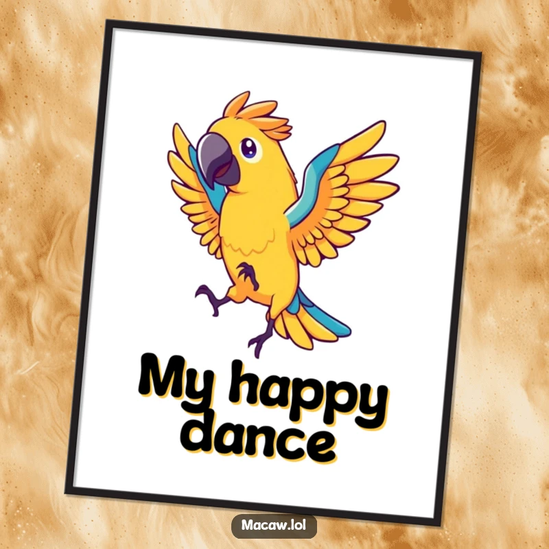 Funny macaw bird digital art print, stylized bird dancing energetically with fanned tail feathers, vibrant, high-resolution, humorous.