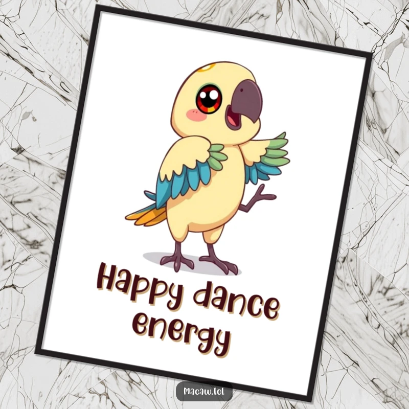 Funny macaw digital art print showing a bird with big, happy eyes making a funny dance move, perfect for instant download.