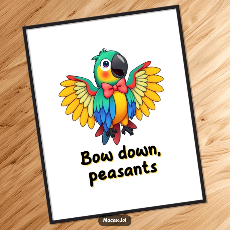 Funny Macaw Digital Art Print of a flamboyant bird performing a dramatic bow, high-resolution for vibrant, humorous wall art.