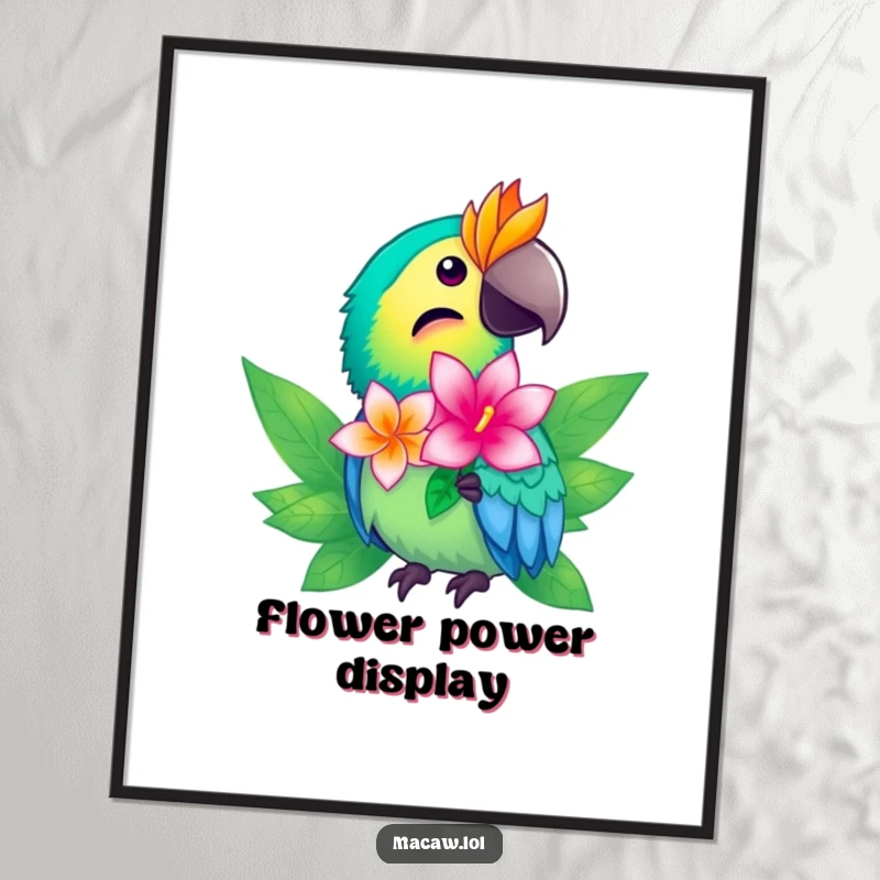 Funny macaw digital art print showing a bright bird offering a shimmering tropical flower, perfect for instant download.
