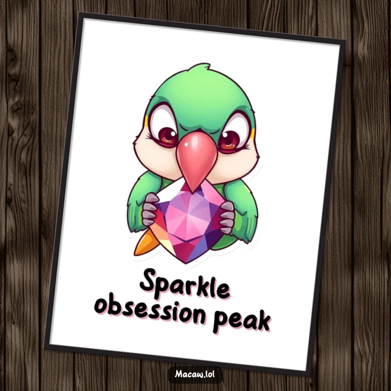 Funny Macaw Digital Art Print: A macaw with exaggerated rolling eyes pecks at a giant gemstone, a vibrant and humorous decorative piece.