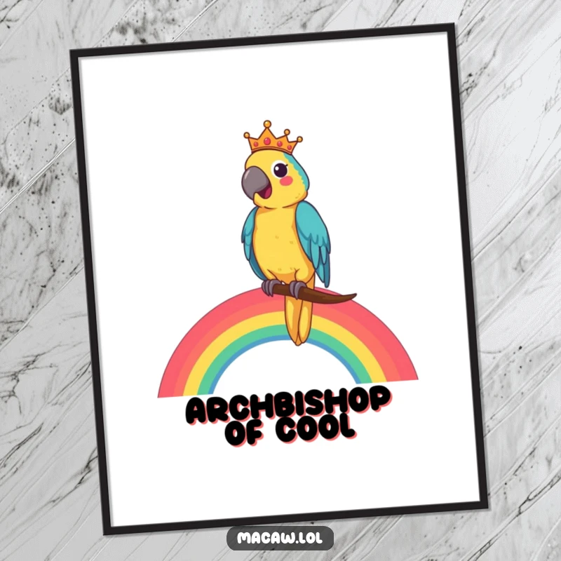 Funny Macaw King Digital Art Print of a cheerful macaw king presiding over a rainbow, high-resolution for royal decor.
