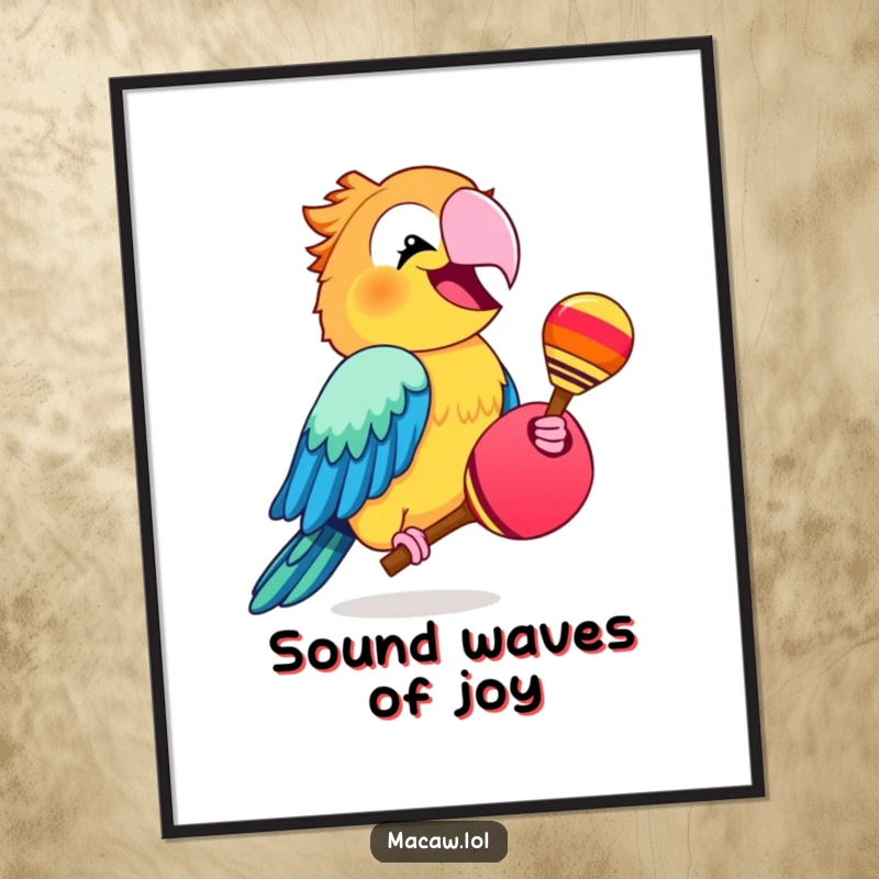 Funny macaw bird enthusiastically shaking a maraca, radiating joy and party spirit, humorous art.