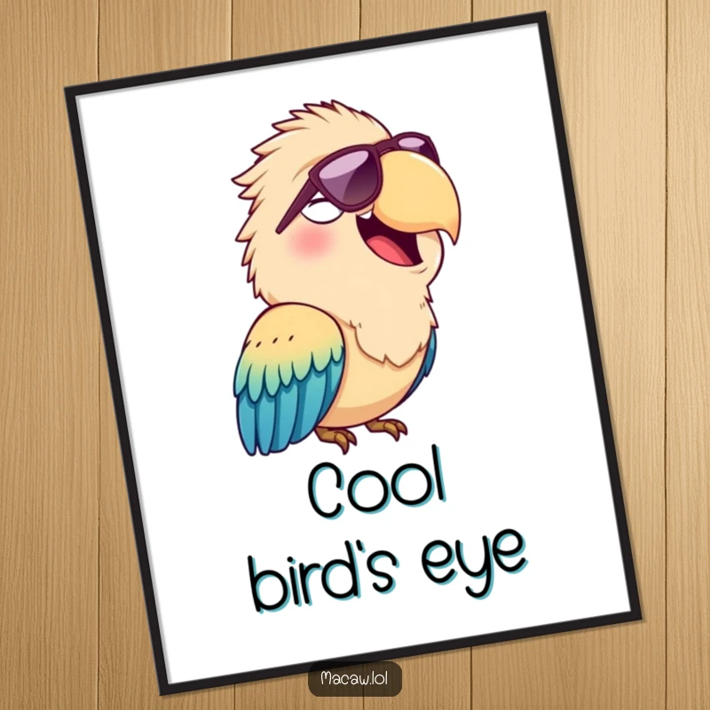Funny digital art print of a cheerful macaw bird squawking happily while wearing cool sunglasses, perfect for digital display.