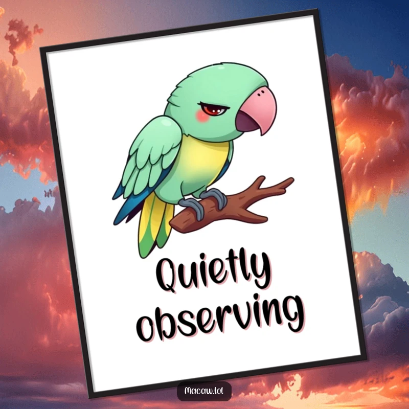 Funny Tiptoeing Macaw Digital Art Print: A silly bird with a funny, exaggerated expression, attempting to tiptoe on a branch.