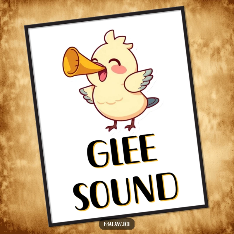 Funny Bird Horn Digital Art Print: A happy bird honks a tiny horn with great gusto, bringing cheerful and musical humor to your walls.