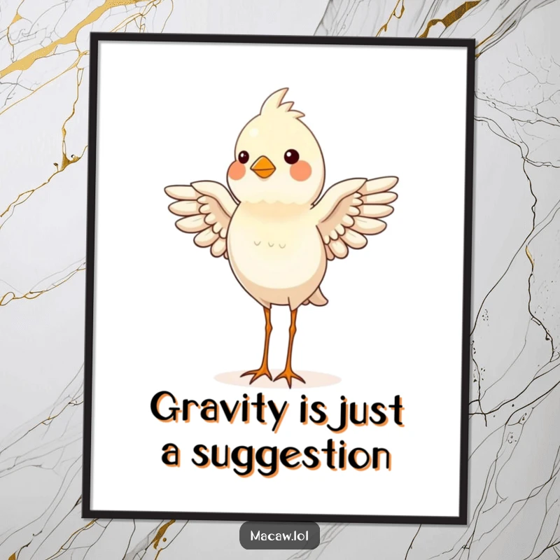 Funny bird proudly balancing on its head, wings slightly out for stability, humorous digital art.