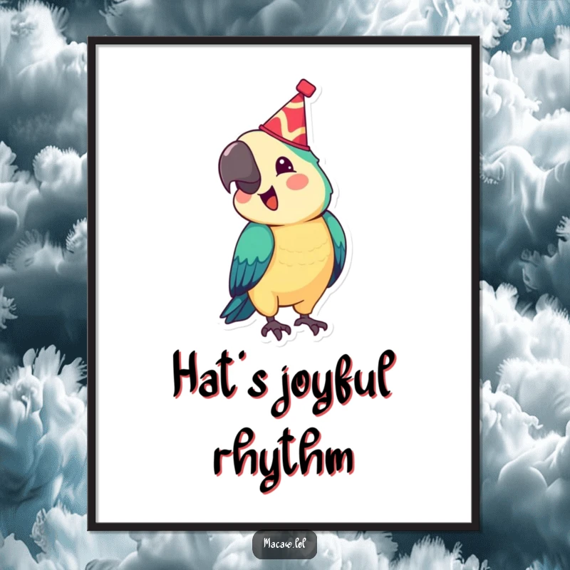 Funny digital art print of a festive macaw wearing a tiny hat, bobbing its head joyfully, a humorous and celebratory animal design, perfect for instant download and as a funny gift.