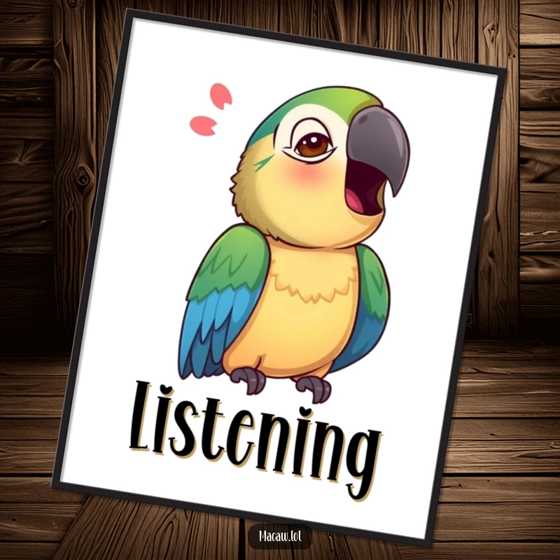 Funny Macaw Digital Art Print of a curious macaw tilting its head, mimicking a sound.