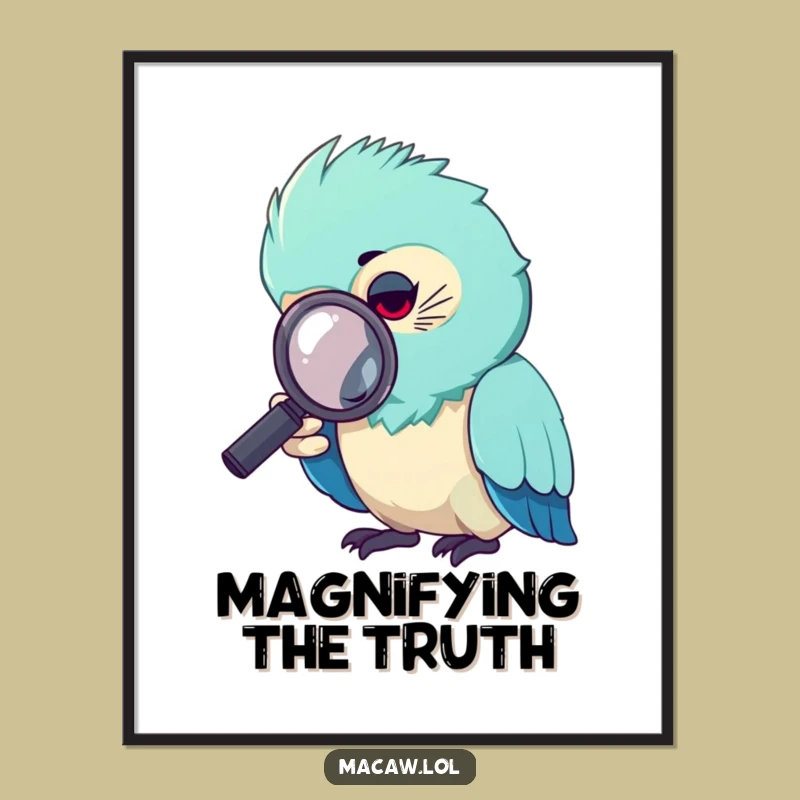 Funny Curious Macaw Magnifying Glass Digital Art Print: Detective Bird Art Funny Gift
