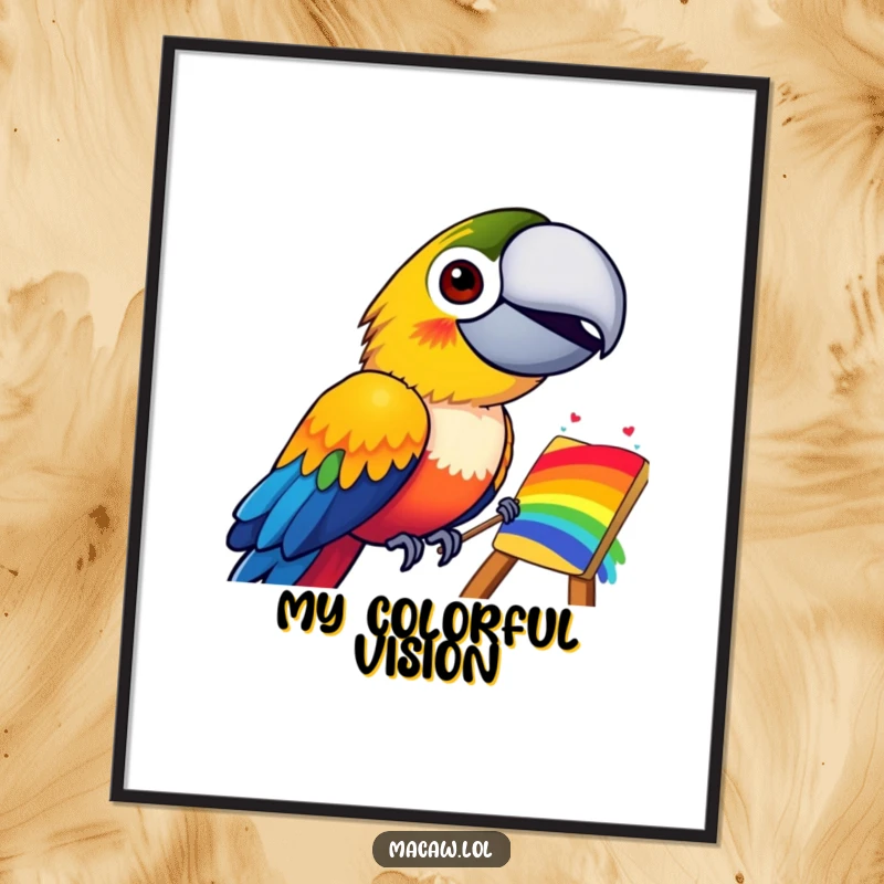 Funny digital art print of a cheerful macaw bird with a wide grin, creating a spectacular, colorful rainbow on virtual canvases.