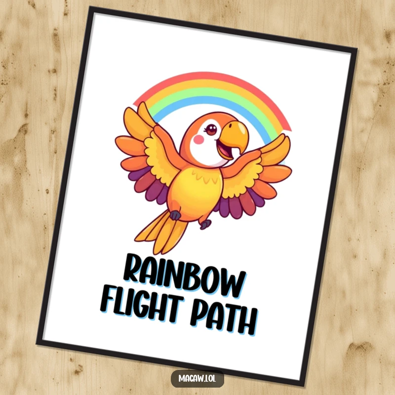 Funny Macaw Digital Art Print: A cheerful macaw bird creates a stunning rainbow arc with its wings, bringing vibrant joy and color.