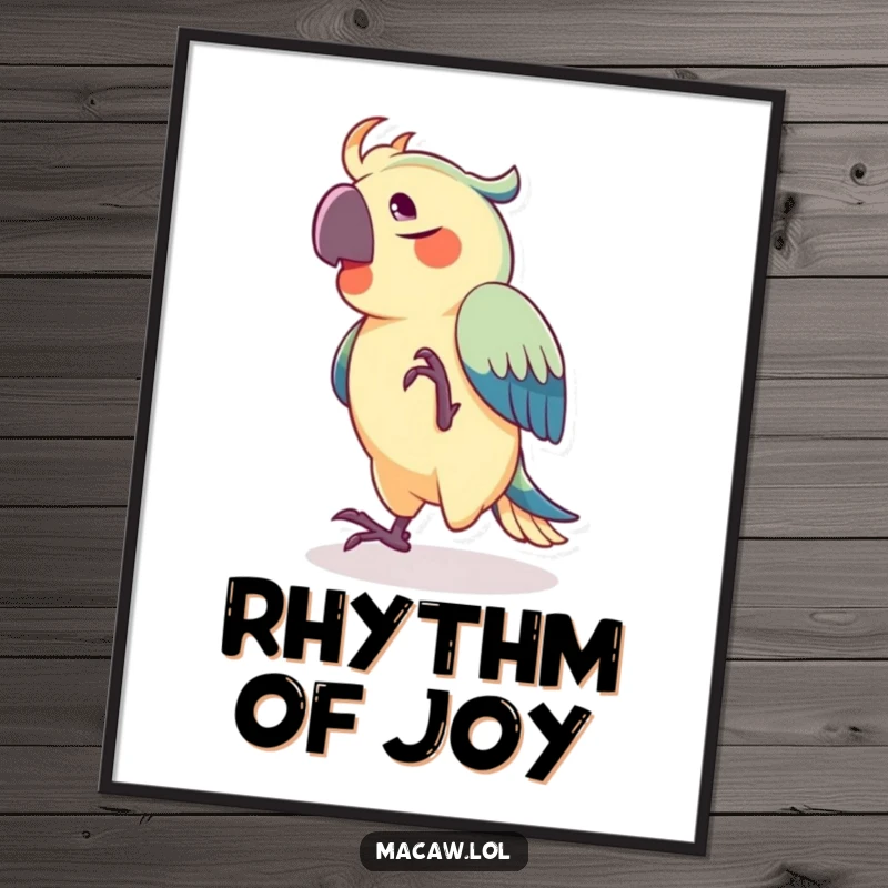 Funny digital art print of a joyful macaw dancing and tapping its foot, ideal for instant wall art downloads.