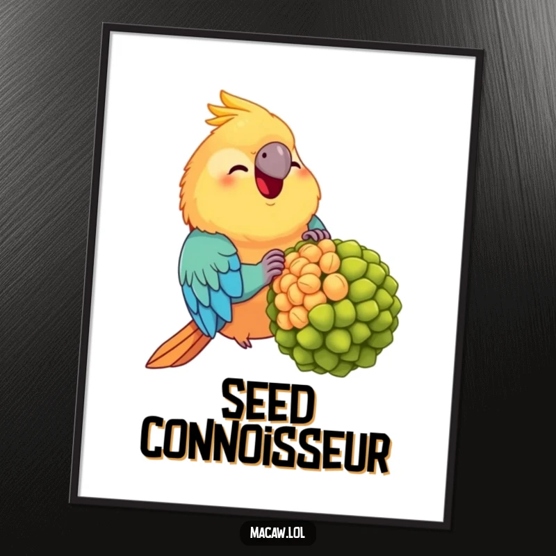 Funny Chubby Macaw Digital Art Print: A plump, happy macaw savoring a comically large seed, perfect for instant humorous decor.