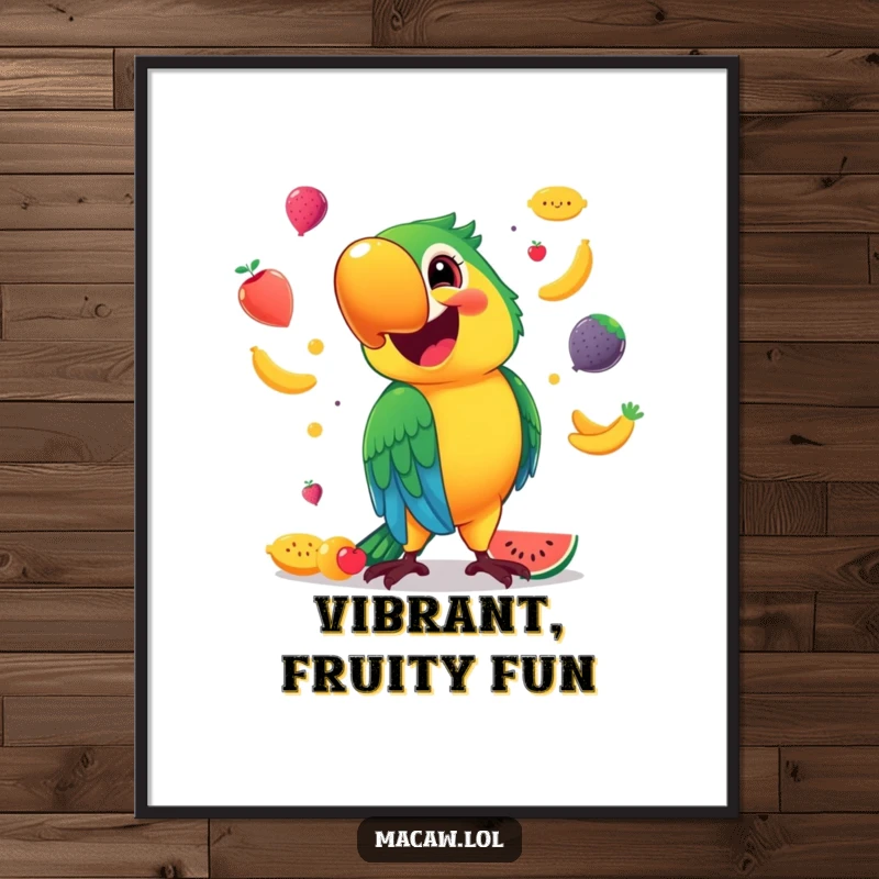 Funny Digital Art Print of a vibrant macaw with a huge smile, joyfully juggling an array of colorful fruits.