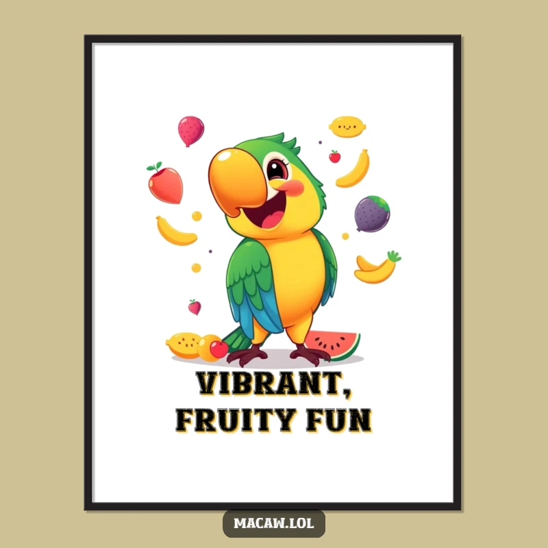 Funny Macaw Digital Art: Smiling Juggler, Fruit Decor, Instant Gift