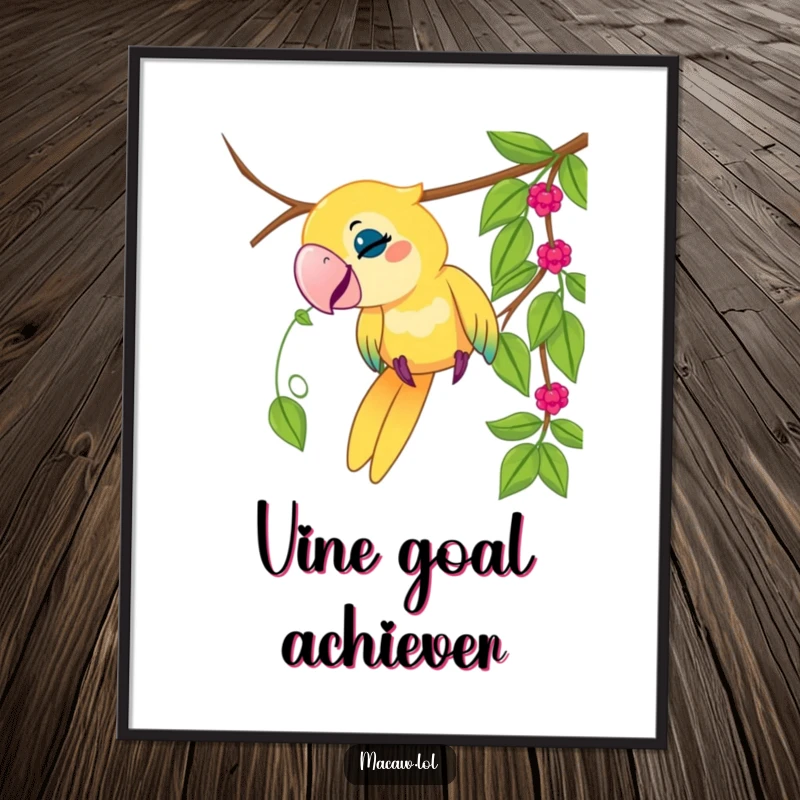 Funny macaw bird digital art print, playful bird tugging on a dangling vine, jungle theme, high-resolution, humorous.