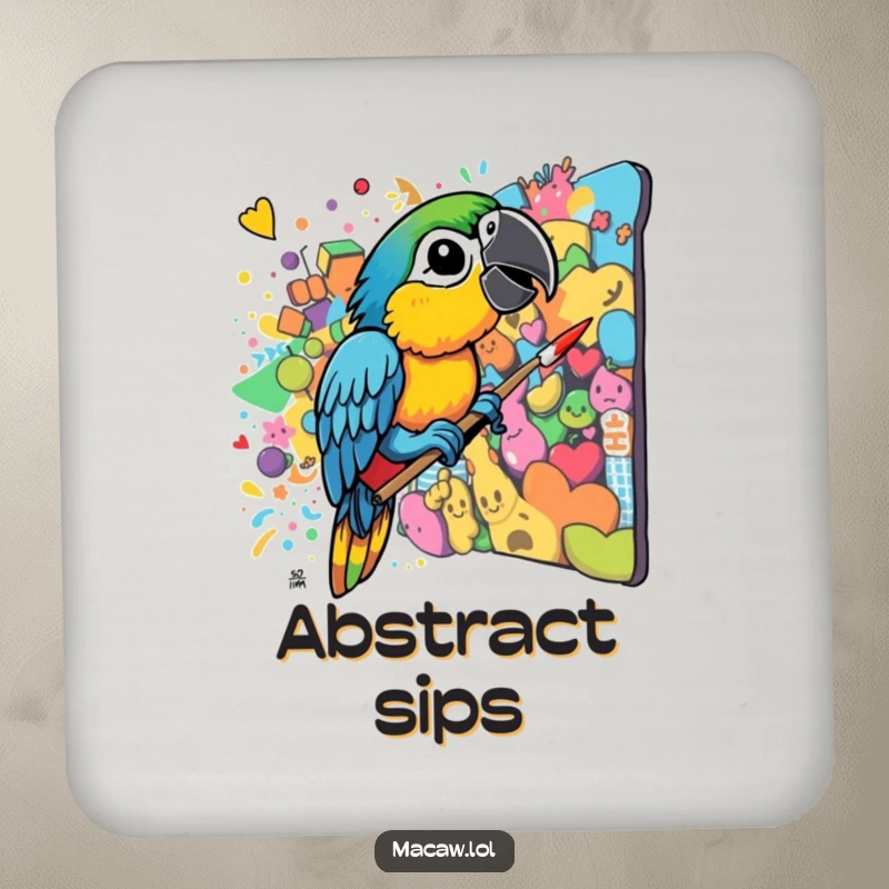 Funny Macaw Artist Coaster: A colorful bird beak paints a chaotic mural, offering artistic protection with a humorous touch.