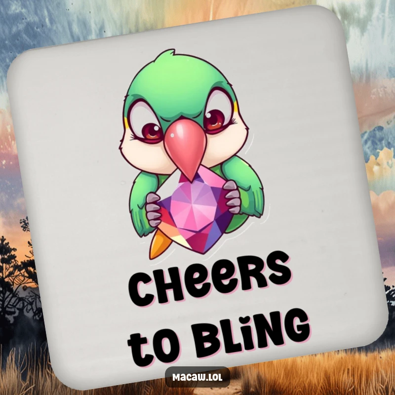 Funny Macaw Coaster: A macaw with exaggerated rolling eyes pecks at a giant gemstone, a humorous and functional drink accessory.