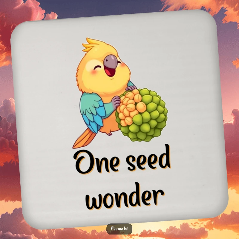 Funny Chubby Macaw Coaster: A plump, joyfully eating macaw with a giant seed, adding funny protection to any table.