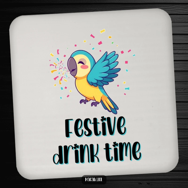 Funny macaw drink coaster with a bird expelling colorful confetti, adding a touch of playful decoration to tables and surfaces.